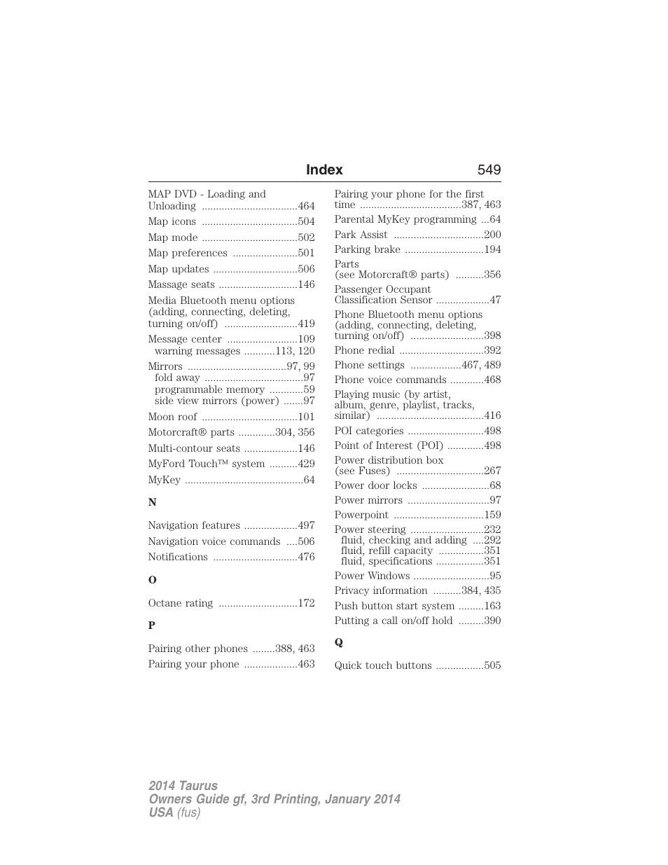 Index 549 | FORD 2014 Taurus v.3 User Manual | Page 550 / 553