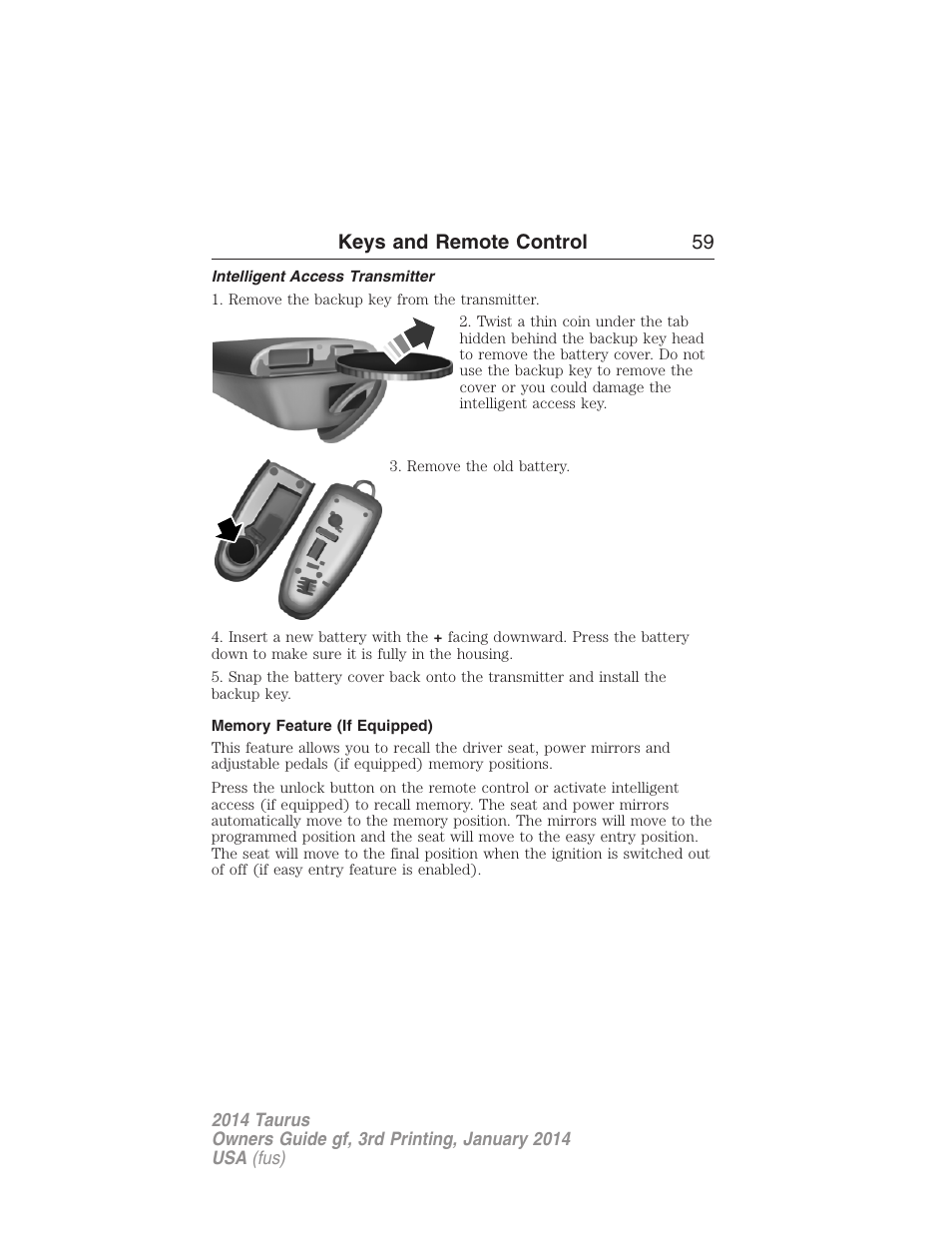 Intelligent access transmitter, Memory feature (if equipped), Keys and remote control 59 | FORD 2014 Taurus v.3 User Manual | Page 60 / 553