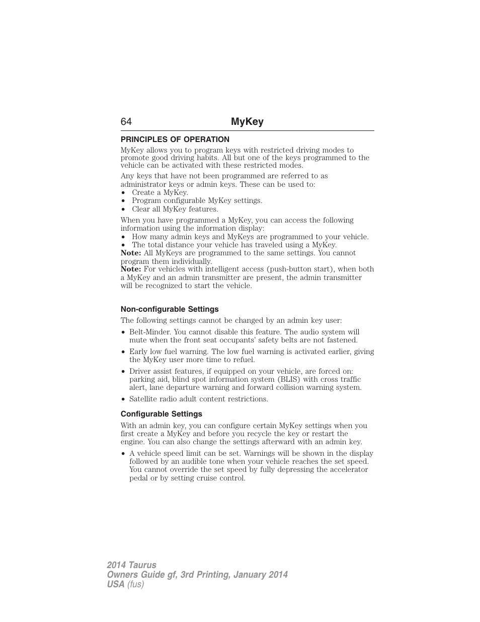 Mykey, Principles of operation, Non-configurable settings | Configurable settings, Settings, mykey, 64 mykey | FORD 2014 Taurus v.3 User Manual | Page 65 / 553