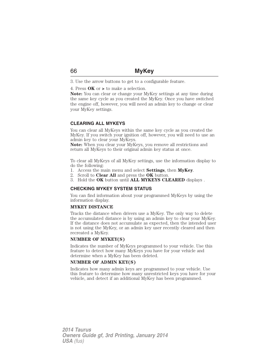 Clearing all mykeys, Checking mykey system status, Clearing | System status, 66 mykey | FORD 2014 Taurus v.3 User Manual | Page 67 / 553