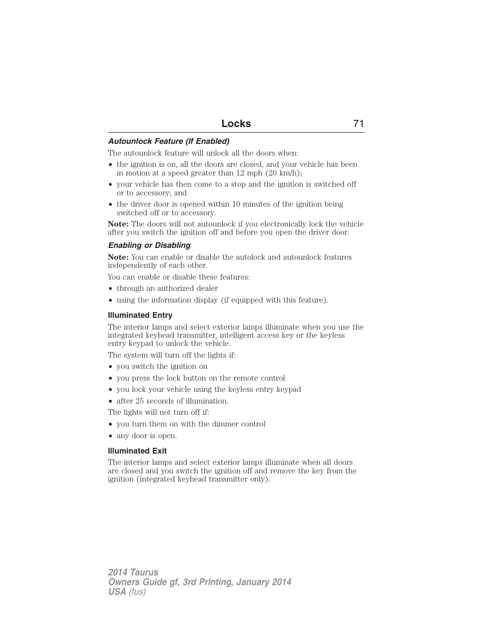 Autounlock feature (if enabled), Enabling or disabling, Illuminated entry | Illuminated exit, Locks 71 | FORD 2014 Taurus v.3 User Manual | Page 72 / 553