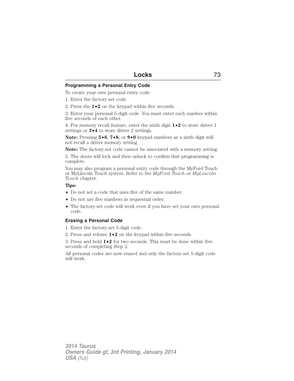 Programming a personal entry code, Erasing a personal code, Locks 73 | FORD 2014 Taurus v.3 User Manual | Page 74 / 553