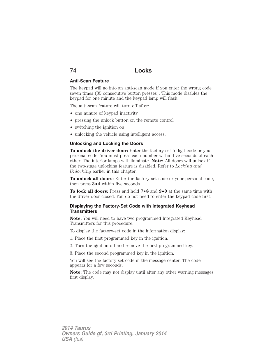 Anti-scan feature, Unlocking and locking the doors, 74 locks | FORD 2014 Taurus v.3 User Manual | Page 75 / 553