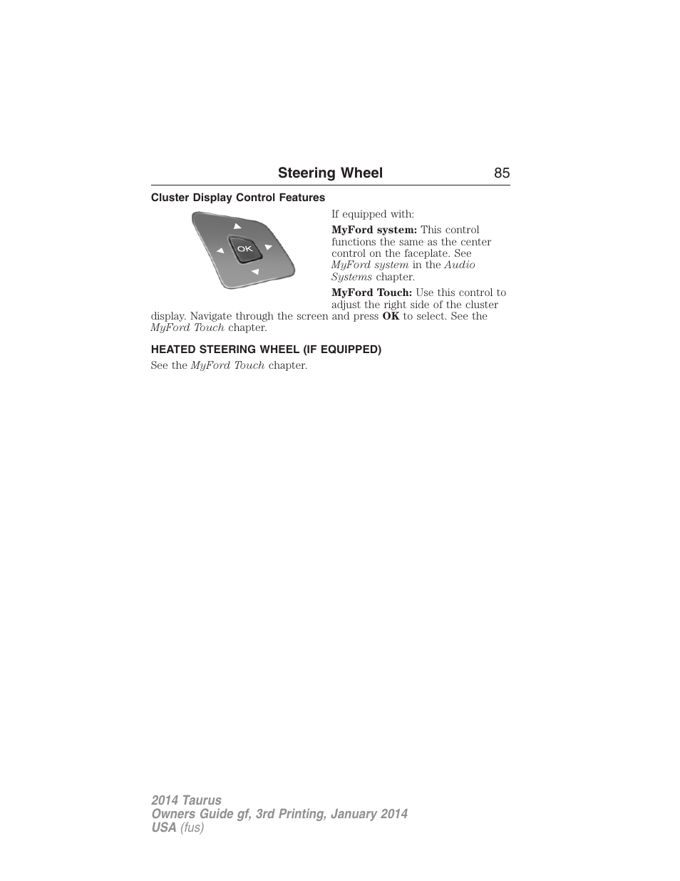 Cluster display control features, Heated steering wheel (if equipped), Steering wheel 85 | FORD 2014 Taurus v.3 User Manual | Page 86 / 553