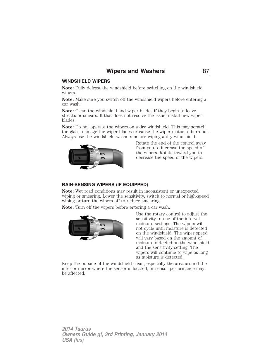 Wipers and washers, Windshield wipers, Rain-sensing wipers (if equipped) | Rain-sensing wipers, Wipers and washers 87 | FORD 2014 Taurus v.3 User Manual | Page 88 / 553