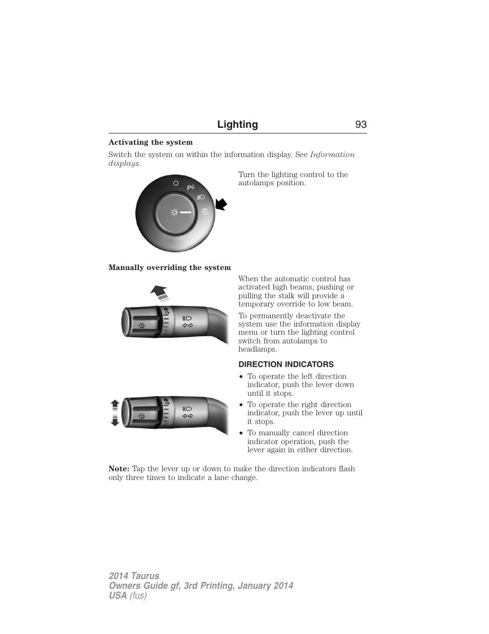 Direction indicators, Lighting 93 | FORD 2014 Taurus v.3 User Manual | Page 94 / 553