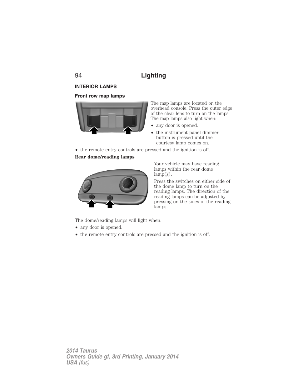 Interior lamps, Front row map lamps, 94 lighting | FORD 2014 Taurus v.3 User Manual | Page 95 / 553