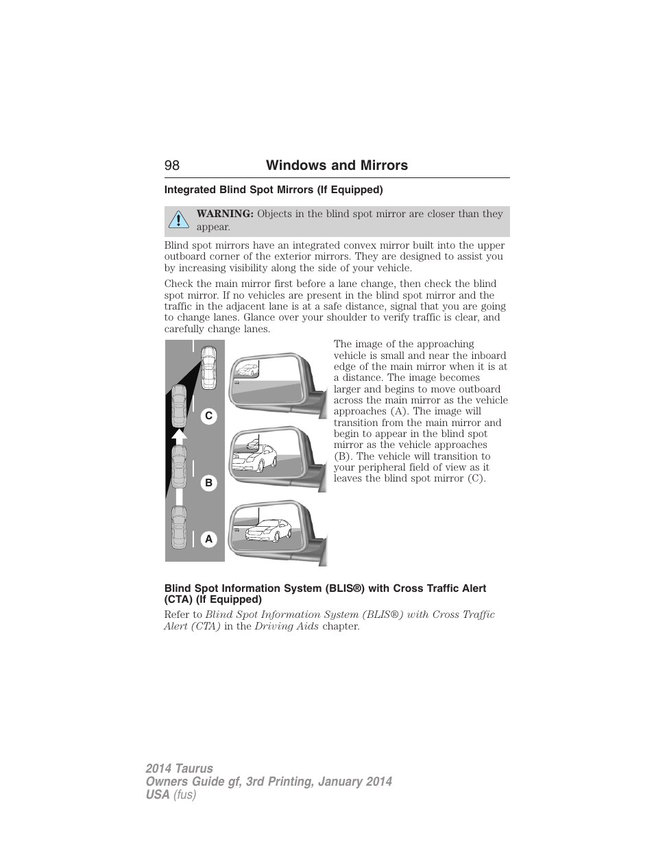 Integrated blind spot mirrors (if equipped), 98 windows and mirrors | FORD 2014 Taurus v.3 User Manual | Page 99 / 553