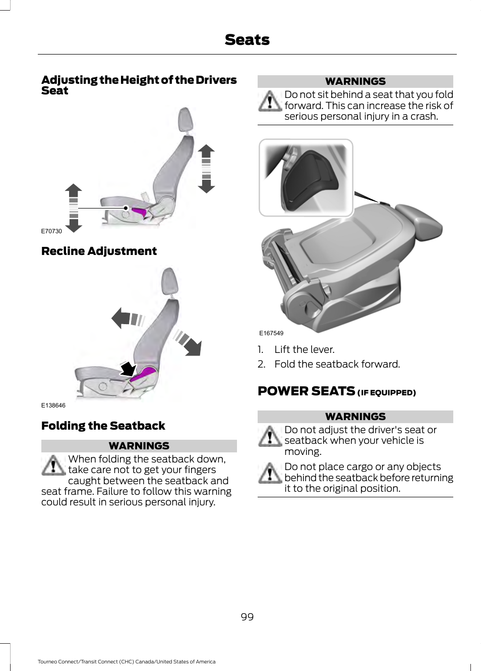 Power seats, Seats | FORD 2014 Transit Connect v.1 User Manual | Page 102 / 401