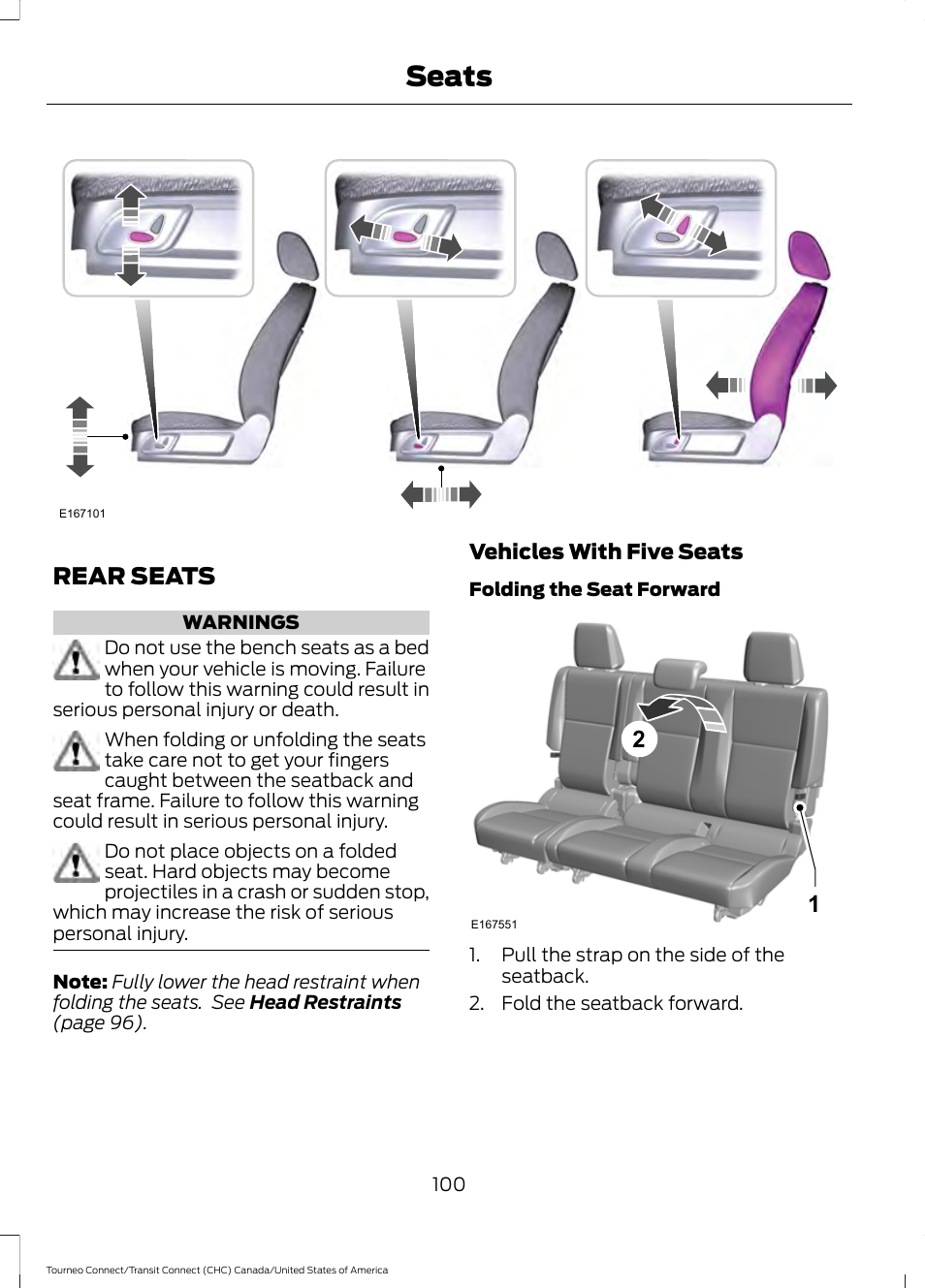 Rear seats, Seats | FORD 2014 Transit Connect v.1 User Manual | Page 103 / 401