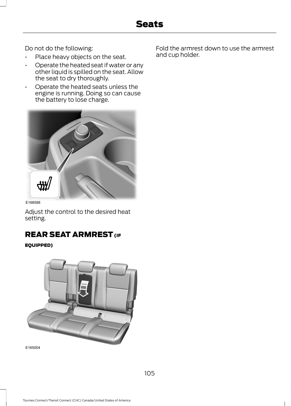 Rear seat armrest, Seats | FORD 2014 Transit Connect v.1 User Manual | Page 108 / 401