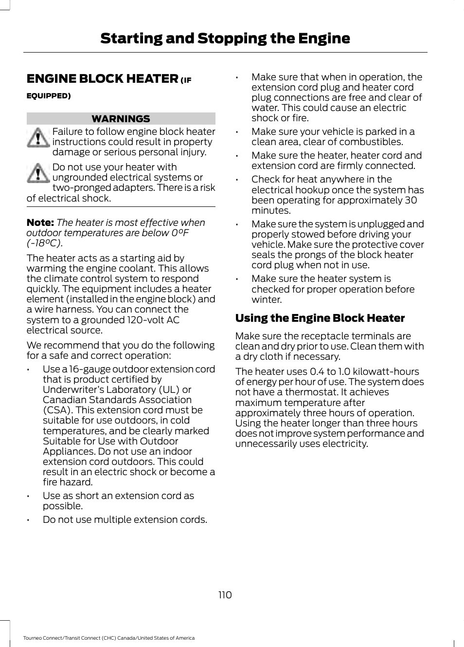 Engine block heater, Starting and stopping the engine | FORD 2014 Transit Connect v.1 User Manual | Page 113 / 401