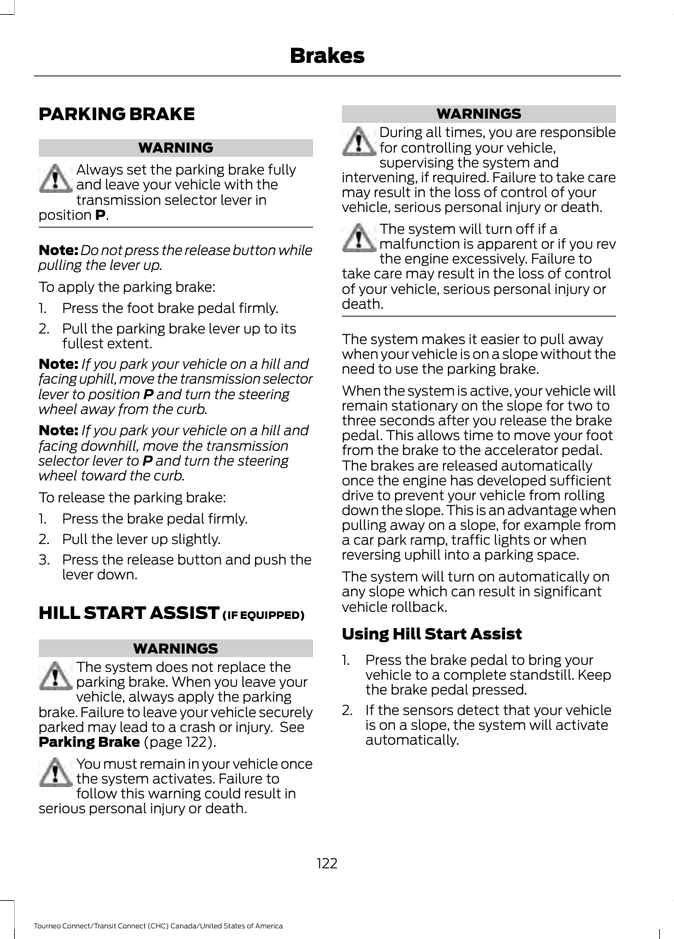 Parking brake, Hill start assist, Parking brake hill start assist | Brakes | FORD 2014 Transit Connect v.1 User Manual | Page 125 / 401
