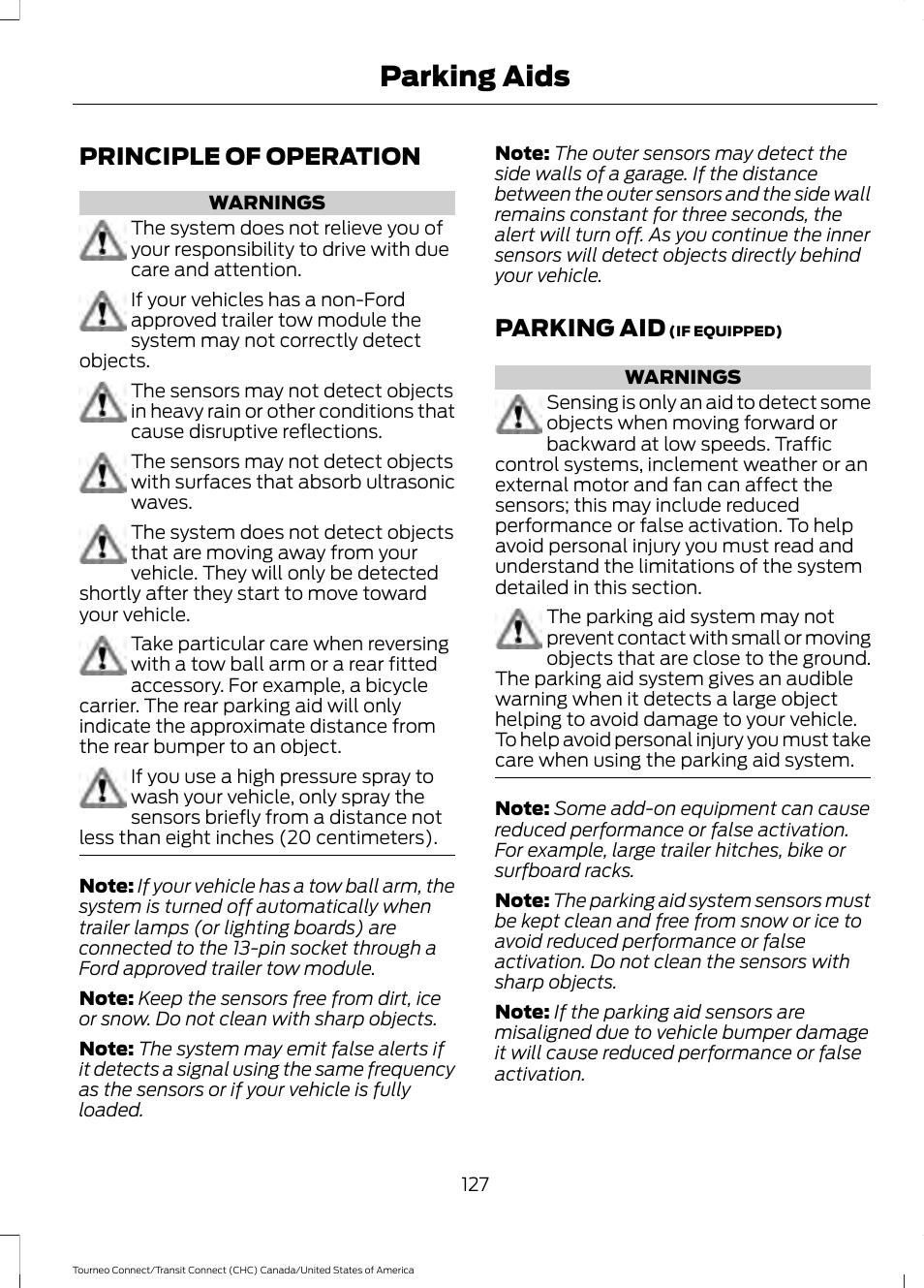 Parking aids, Principle of operation, Parking aid | Principle of operation parking aid | FORD 2014 Transit Connect v.1 User Manual | Page 130 / 401