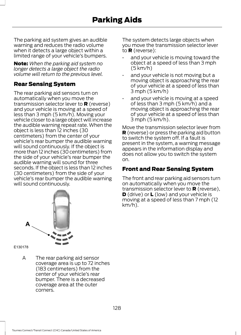 Parking aids | FORD 2014 Transit Connect v.1 User Manual | Page 131 / 401