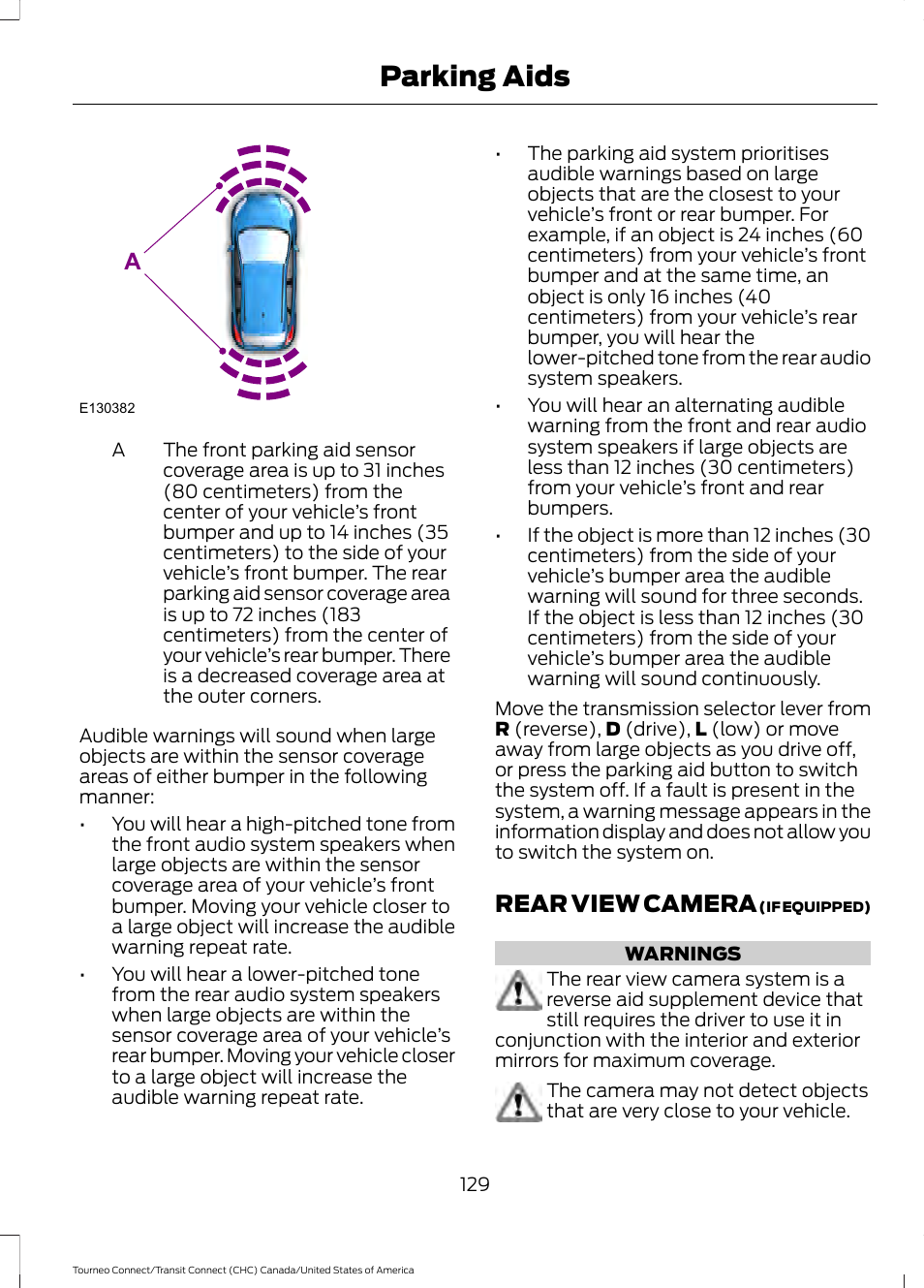 Rear view camera, Parking aids | FORD 2014 Transit Connect v.1 User Manual | Page 132 / 401
