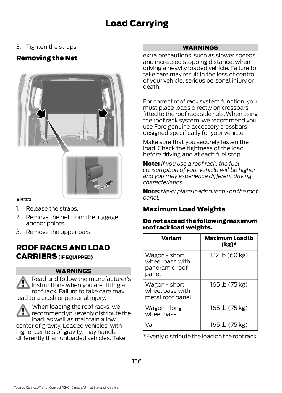 Roof racks and load carriers, Load carrying | FORD 2014 Transit Connect v.1 User Manual | Page 139 / 401