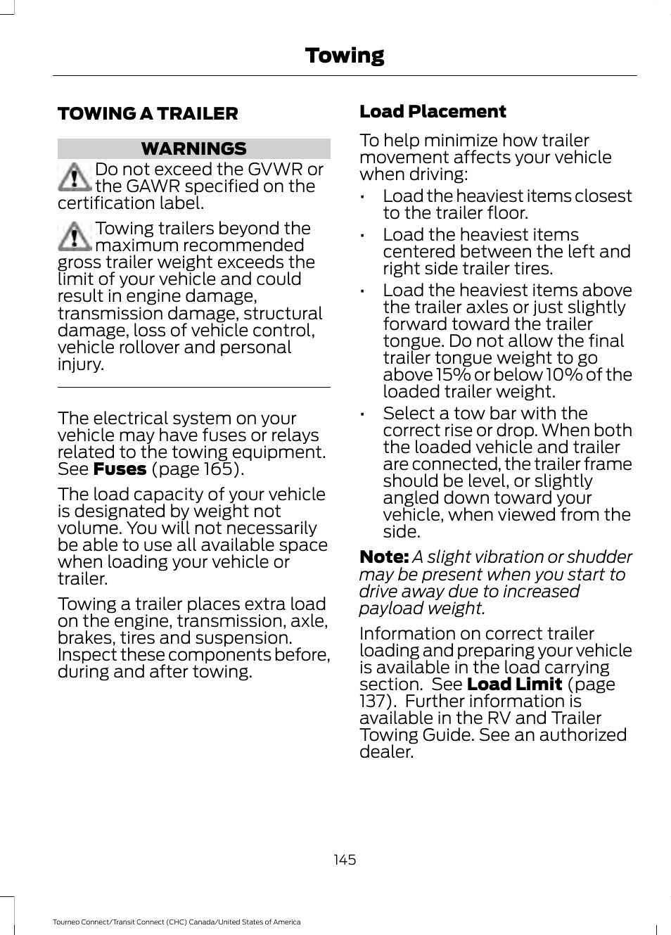Towing, Towing a trailer | FORD 2014 Transit Connect v.1 User Manual | Page 148 / 401