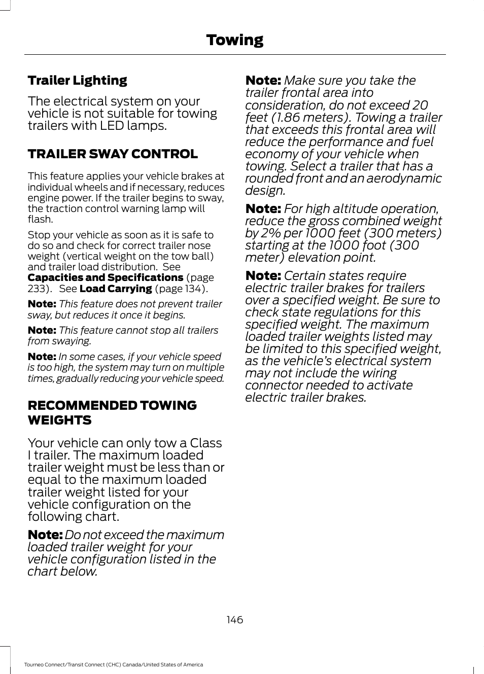 Trailer sway control, Recommended towing weights, Trailer sway control recommended towing weights | Towing | FORD 2014 Transit Connect v.1 User Manual | Page 149 / 401