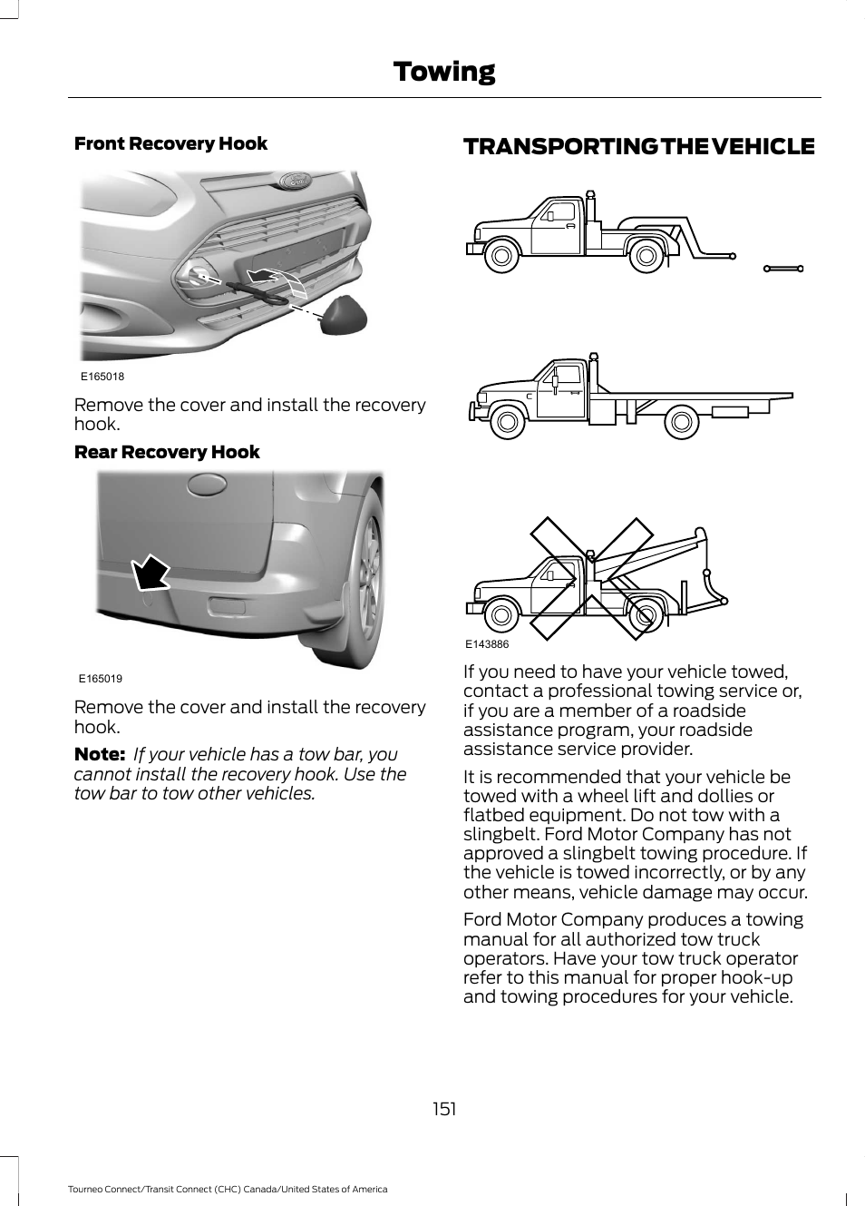Transporting the vehicle, Towing | FORD 2014 Transit Connect v.1 User Manual | Page 154 / 401
