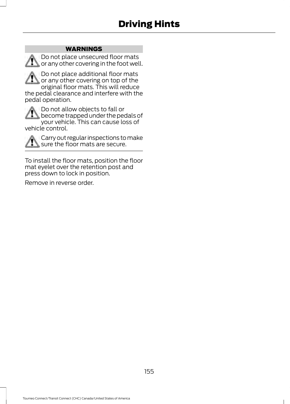 Driving hints | FORD 2014 Transit Connect v.1 User Manual | Page 158 / 401