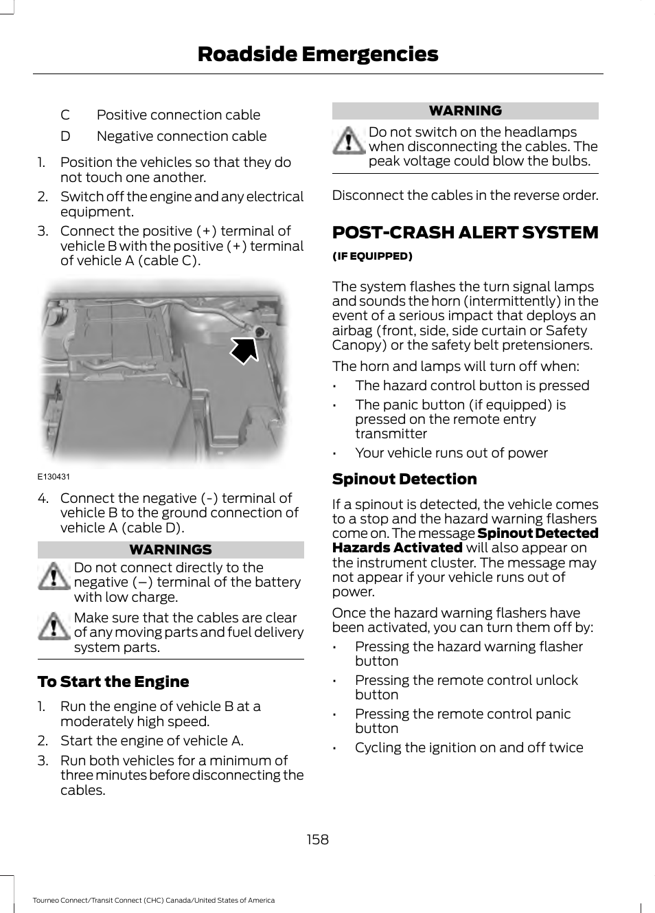 Post-crash alert system, Roadside emergencies | FORD 2014 Transit Connect v.1 User Manual | Page 161 / 401