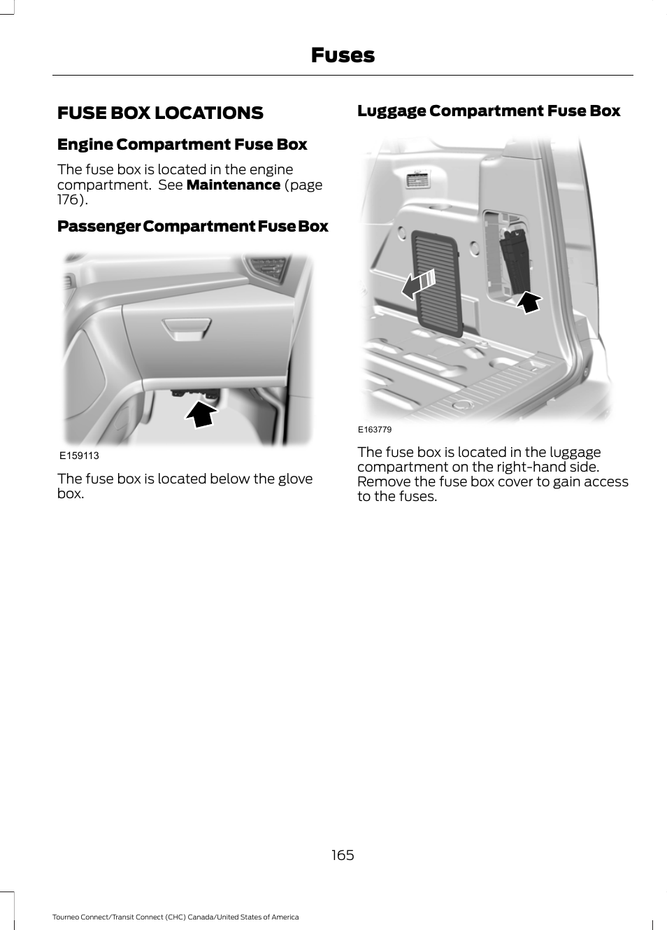 Fuses, Fuse box locations | FORD 2014 Transit Connect v.1 User Manual | Page 168 / 401