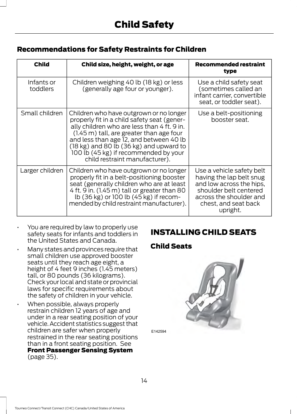 Installing child seats, Child safety | FORD 2014 Transit Connect v.1 User Manual | Page 17 / 401
