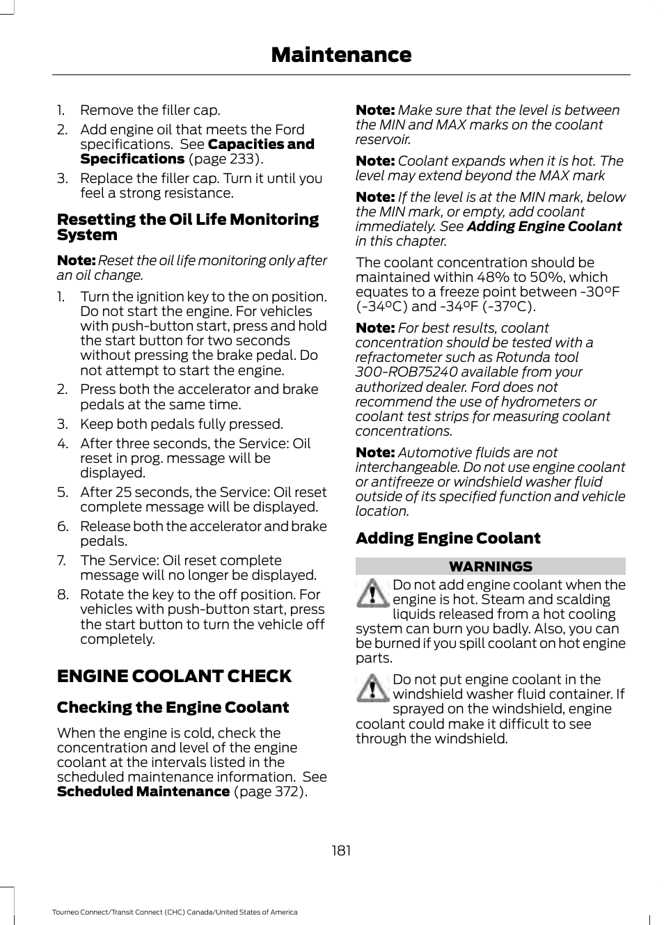 Engine coolant check, Maintenance | FORD 2014 Transit Connect v.1 User Manual | Page 184 / 401