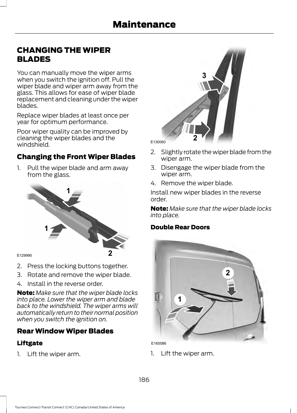 Changing the wiper blades, Maintenance | FORD 2014 Transit Connect v.1 User Manual | Page 189 / 401