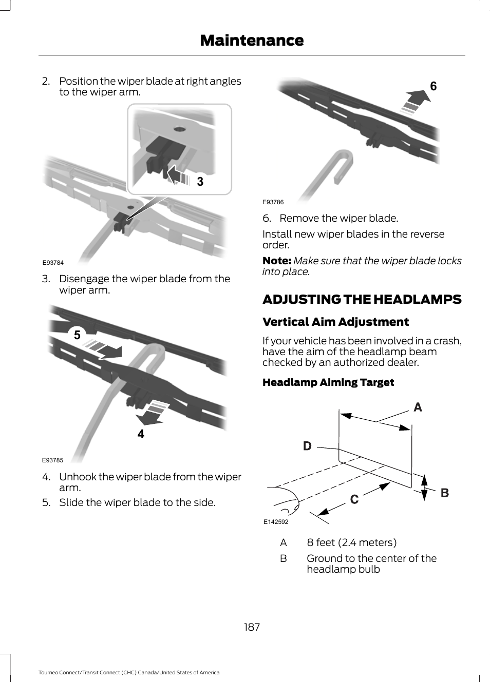 Adjusting the headlamps, Maintenance | FORD 2014 Transit Connect v.1 User Manual | Page 190 / 401