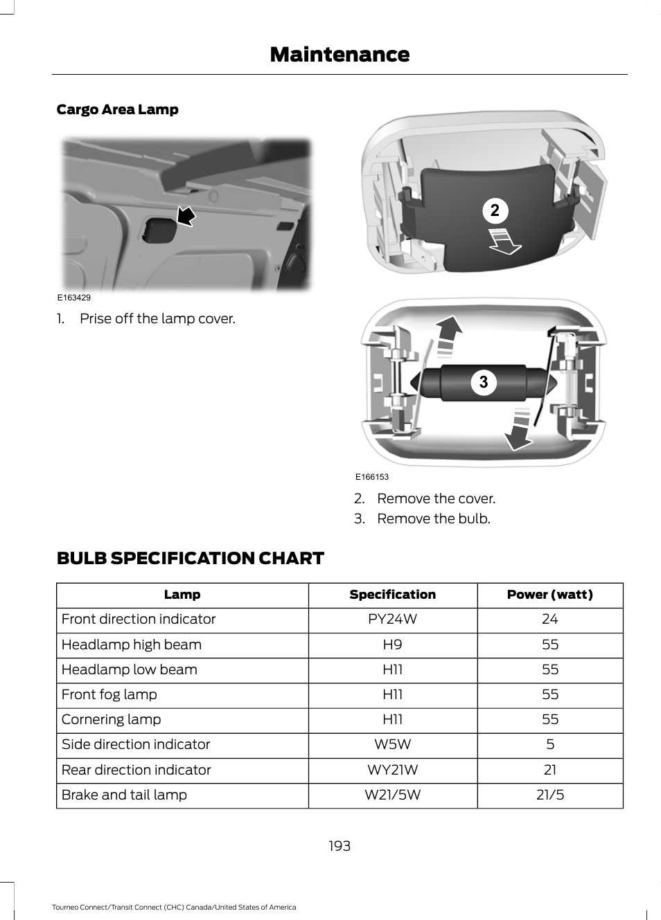 Bulb specification chart, Maintenance | FORD 2014 Transit Connect v.1 User Manual | Page 196 / 401