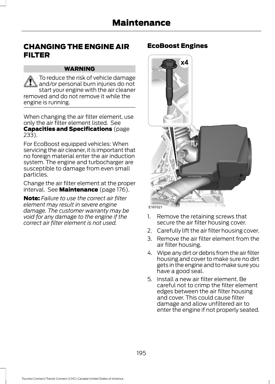 Changing the engine air filter, Maintenance | FORD 2014 Transit Connect v.1 User Manual | Page 198 / 401