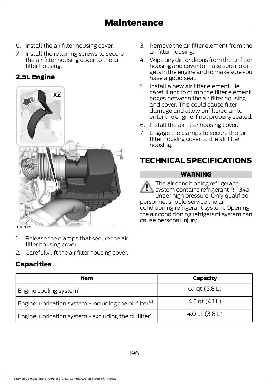 Technical specifications, Maintenance | FORD 2014 Transit Connect v.1 User Manual | Page 199 / 401