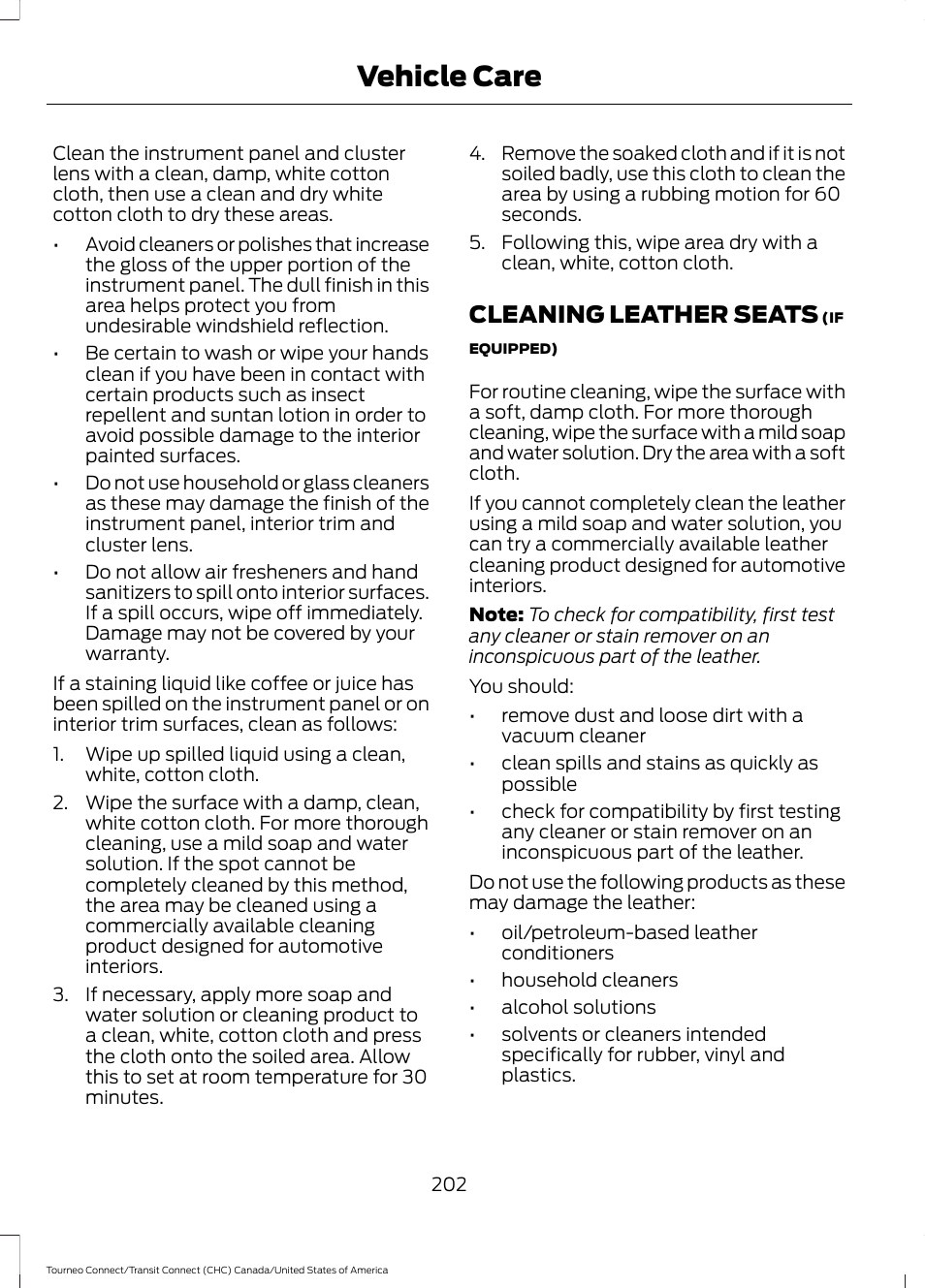 Cleaning leather seats, Vehicle care | FORD 2014 Transit Connect v.1 User Manual | Page 205 / 401