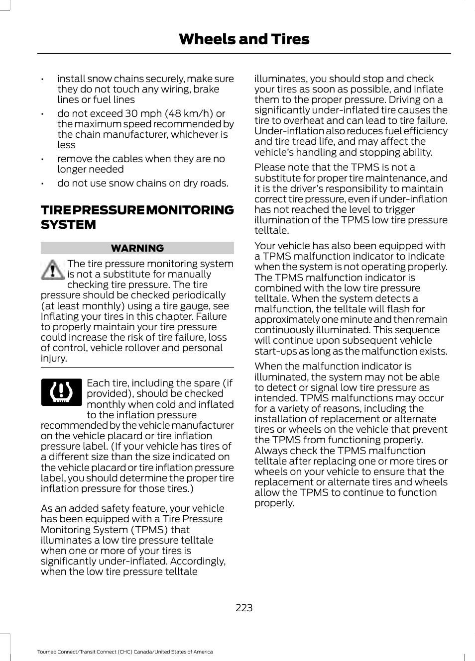 Tire pressure monitoring system, See tire, See tire pressure | Wheels and tires | FORD 2014 Transit Connect v.1 User Manual | Page 226 / 401