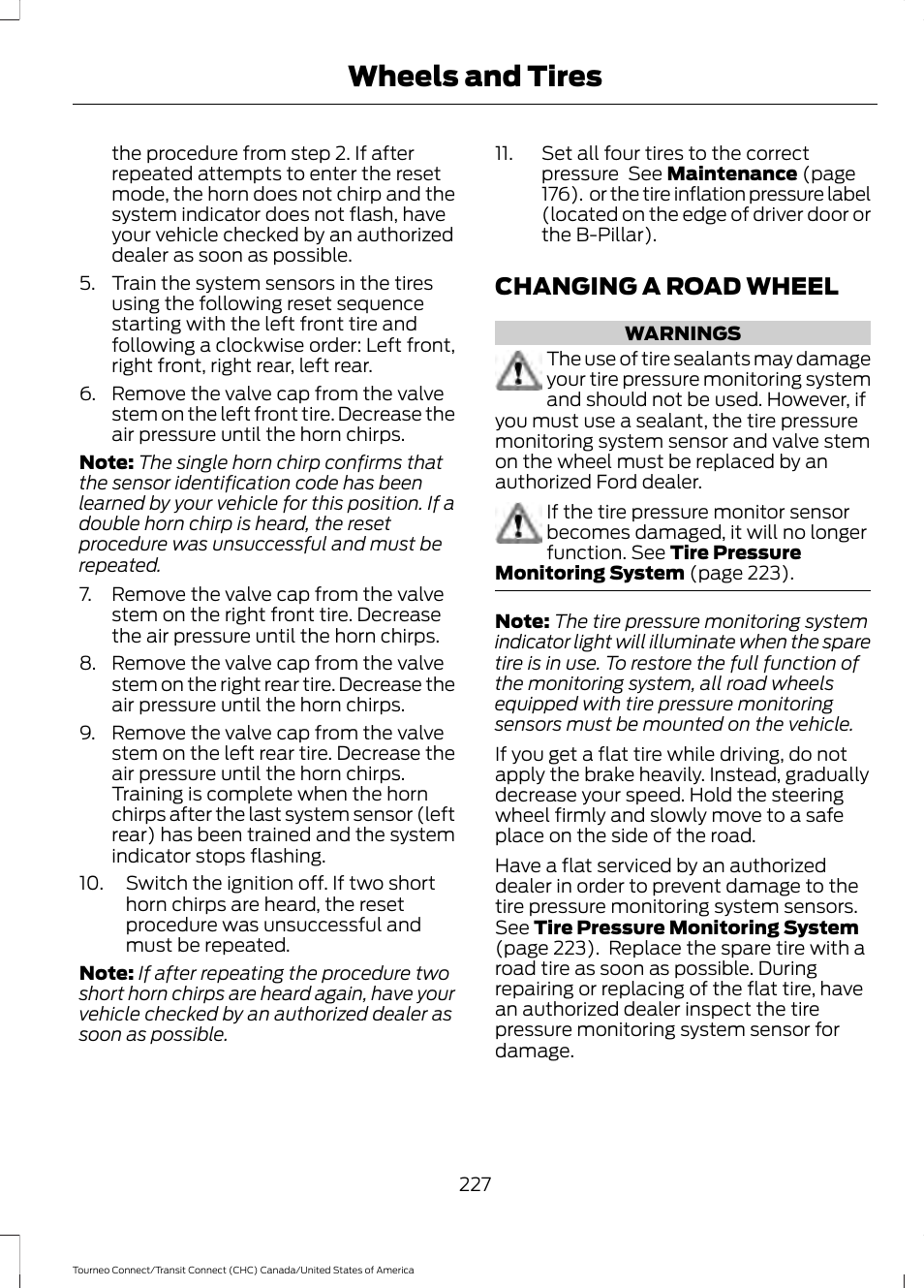 Changing a road wheel, Wheels and tires | FORD 2014 Transit Connect v.1 User Manual | Page 230 / 401