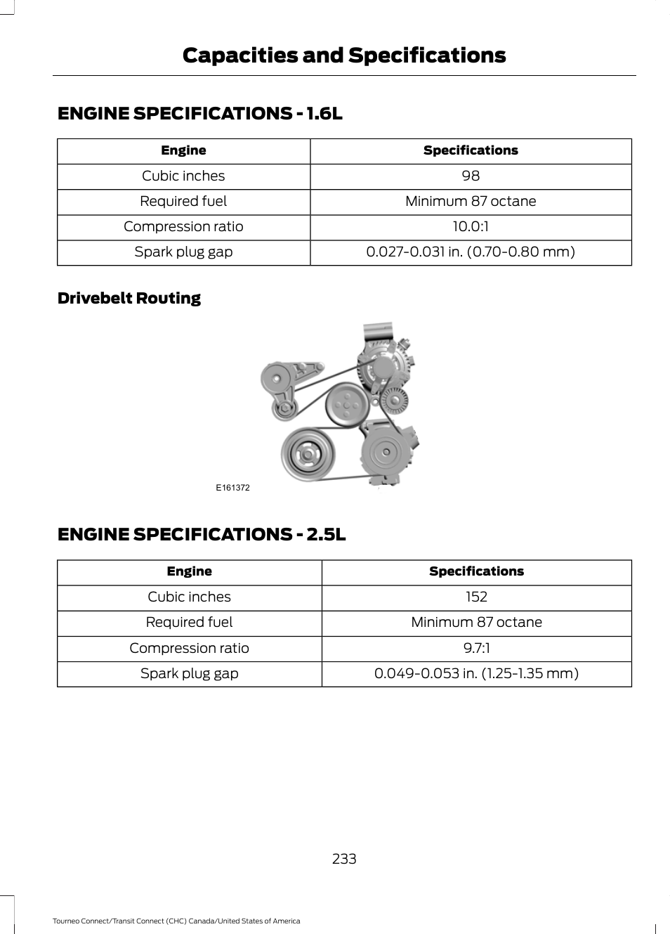 Capacities and specifications, Engine specifications, Capacities and specific | Ations, Engine specifications - 1.6l, Engine specifications - 2.5l | FORD 2014 Transit Connect v.1 User Manual | Page 236 / 401