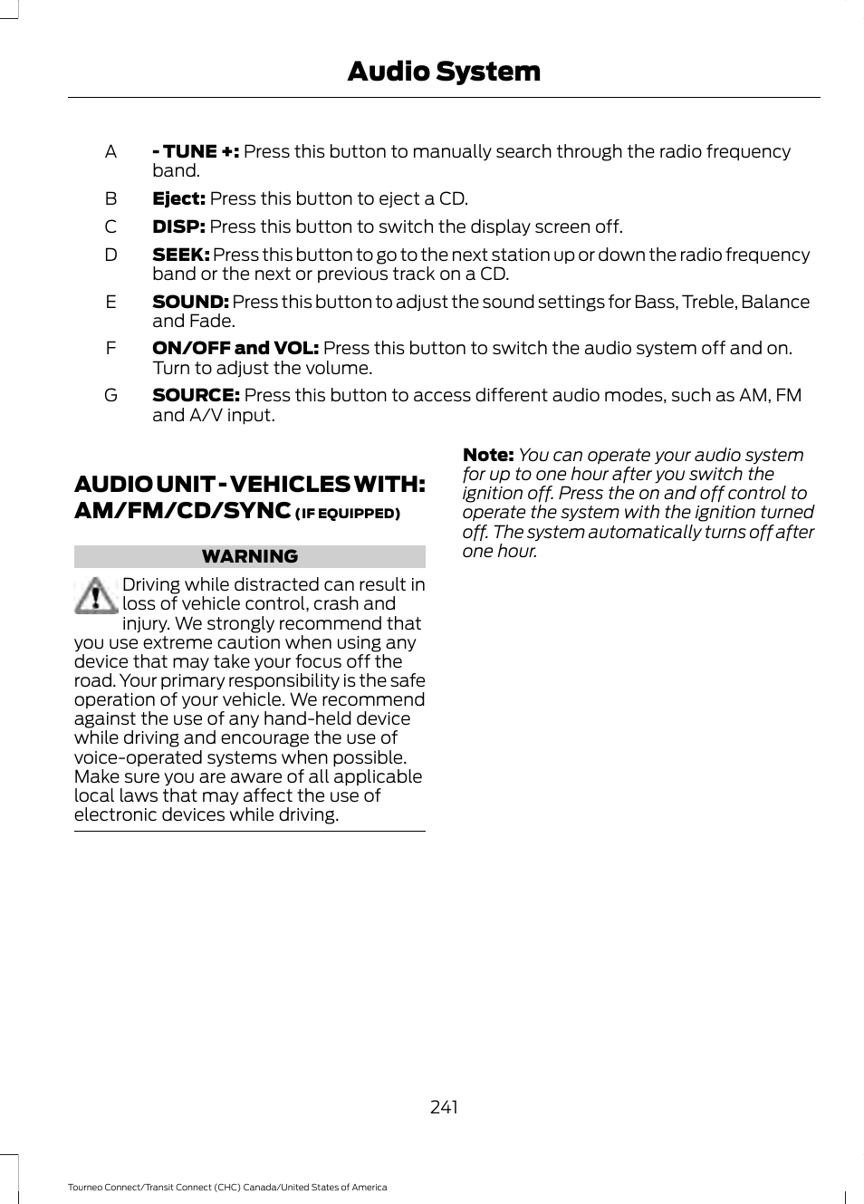 Audio unit, Audio unit - vehicles with: am/fm/cd, Sync | Audio system, Audio unit - vehicles with: am/fm/cd/sync | FORD 2014 Transit Connect v.1 User Manual | Page 244 / 401