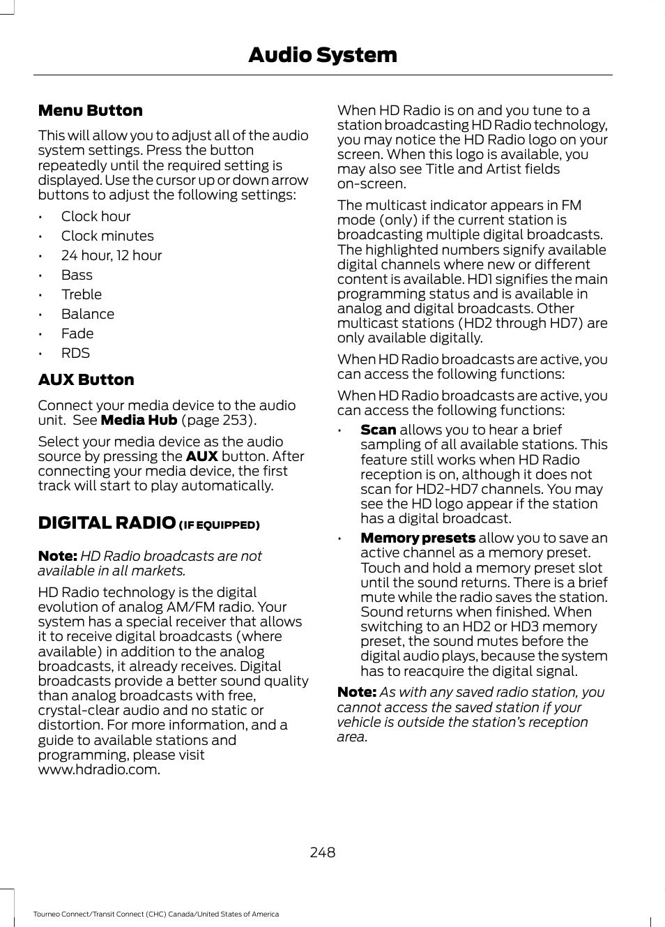 Digital radio, Audio system | FORD 2014 Transit Connect v.1 User Manual | Page 251 / 401