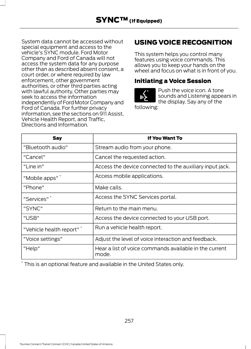 Using voice recognition, Sync | FORD 2014 Transit Connect v.1 User Manual | Page 260 / 401