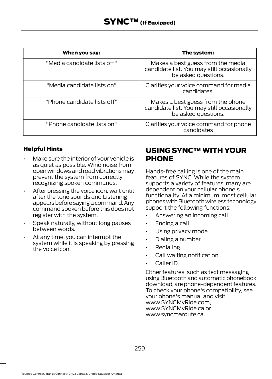 Using sync™ with your phone, Sync | FORD 2014 Transit Connect v.1 User Manual | Page 262 / 401