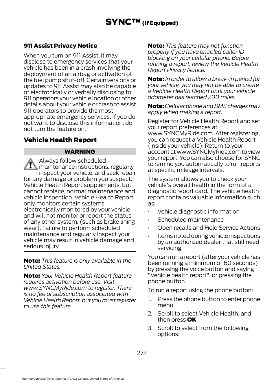 Sync | FORD 2014 Transit Connect v.1 User Manual | Page 276 / 401