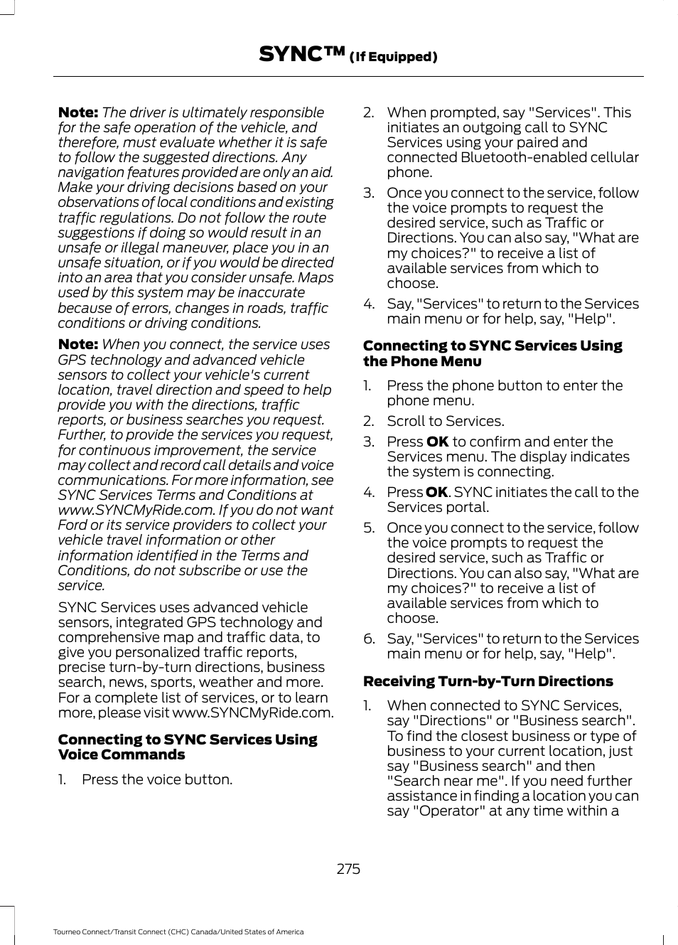Sync | FORD 2014 Transit Connect v.1 User Manual | Page 278 / 401