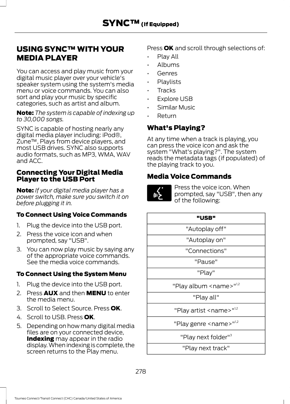 Using sync™ with your media player, Using sync™ with your media, Player | Sync | FORD 2014 Transit Connect v.1 User Manual | Page 281 / 401