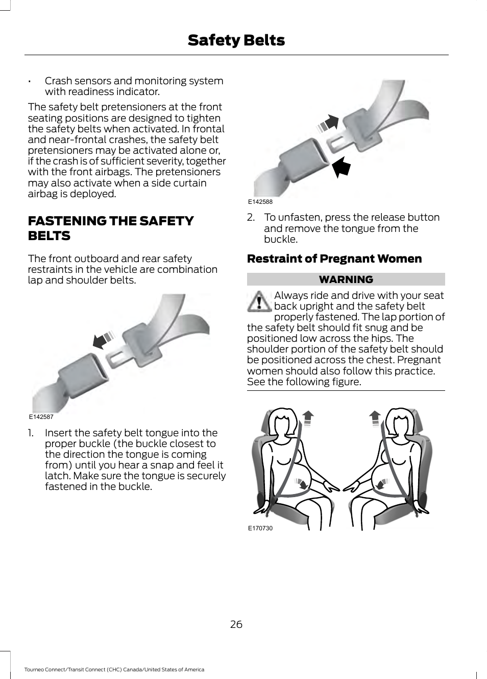Fastening the safety belts, Safety belts | FORD 2014 Transit Connect v.1 User Manual | Page 29 / 401