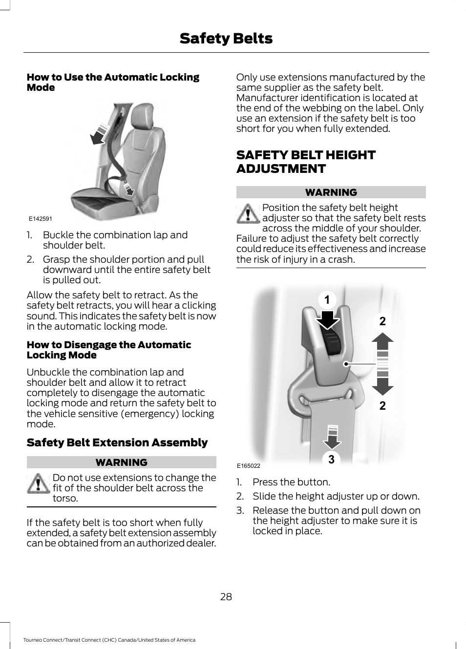 Safety belt height adjustment, Safety belts | FORD 2014 Transit Connect v.1 User Manual | Page 31 / 401