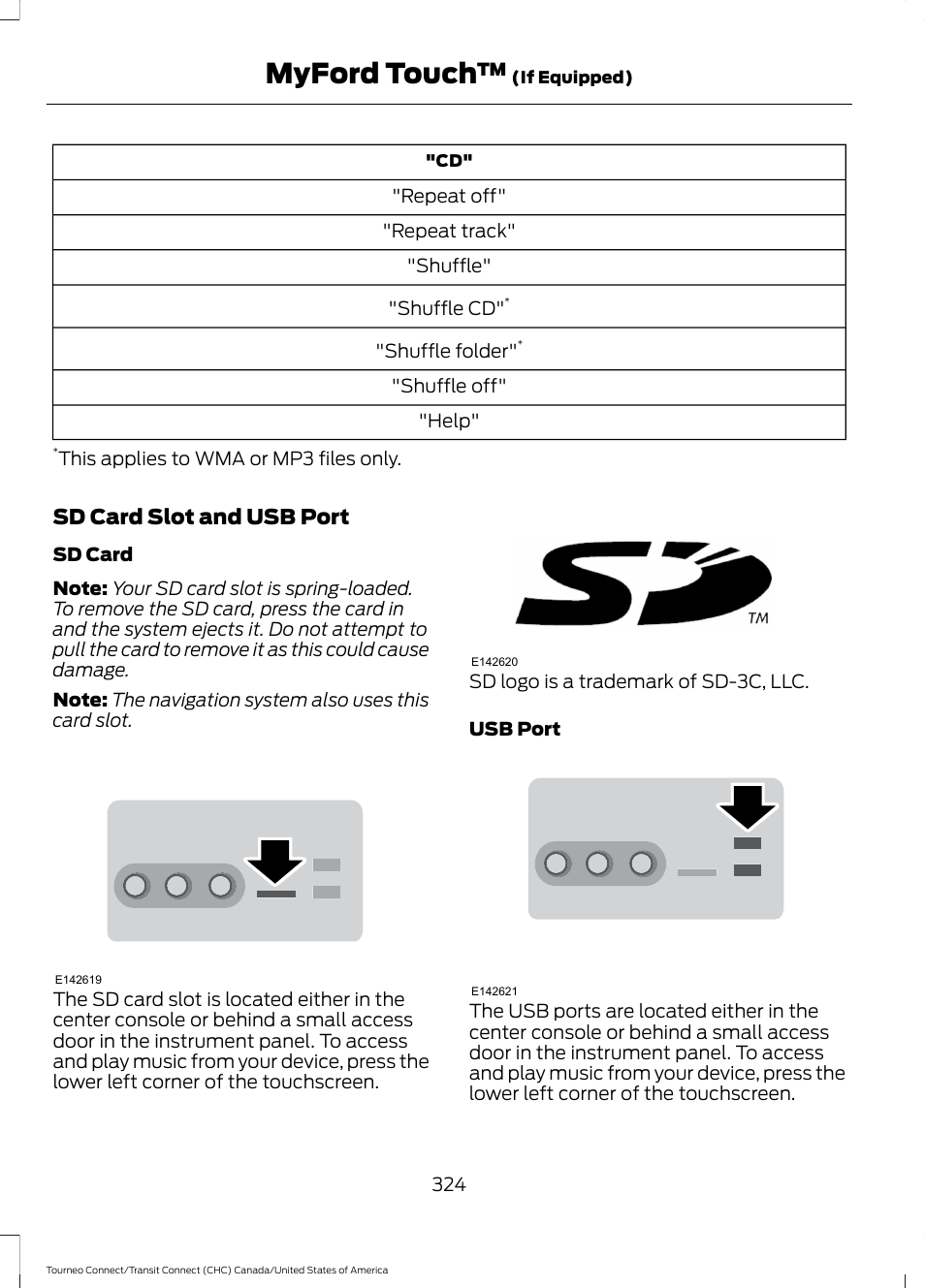 Myford touch, Sd card slot and usb port | FORD 2014 Transit Connect v.1 User Manual | Page 327 / 401