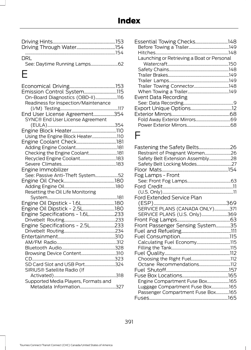 Index | FORD 2014 Transit Connect v.1 User Manual | Page 394 / 401
