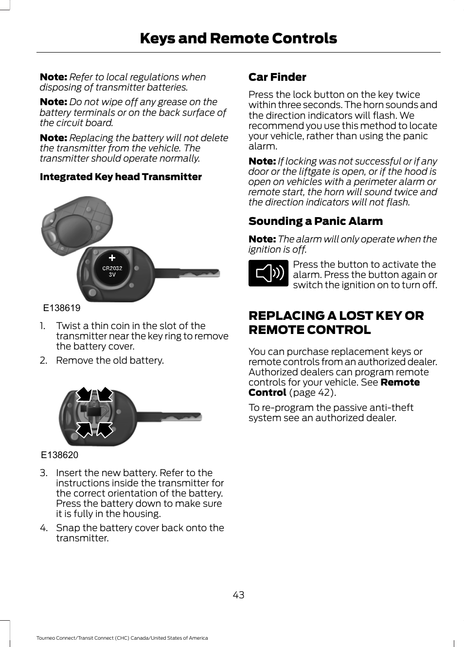 Replacing a lost key or remote control, Replacing a lost key or remote, Control | Keys and remote controls | FORD 2014 Transit Connect v.1 User Manual | Page 46 / 401